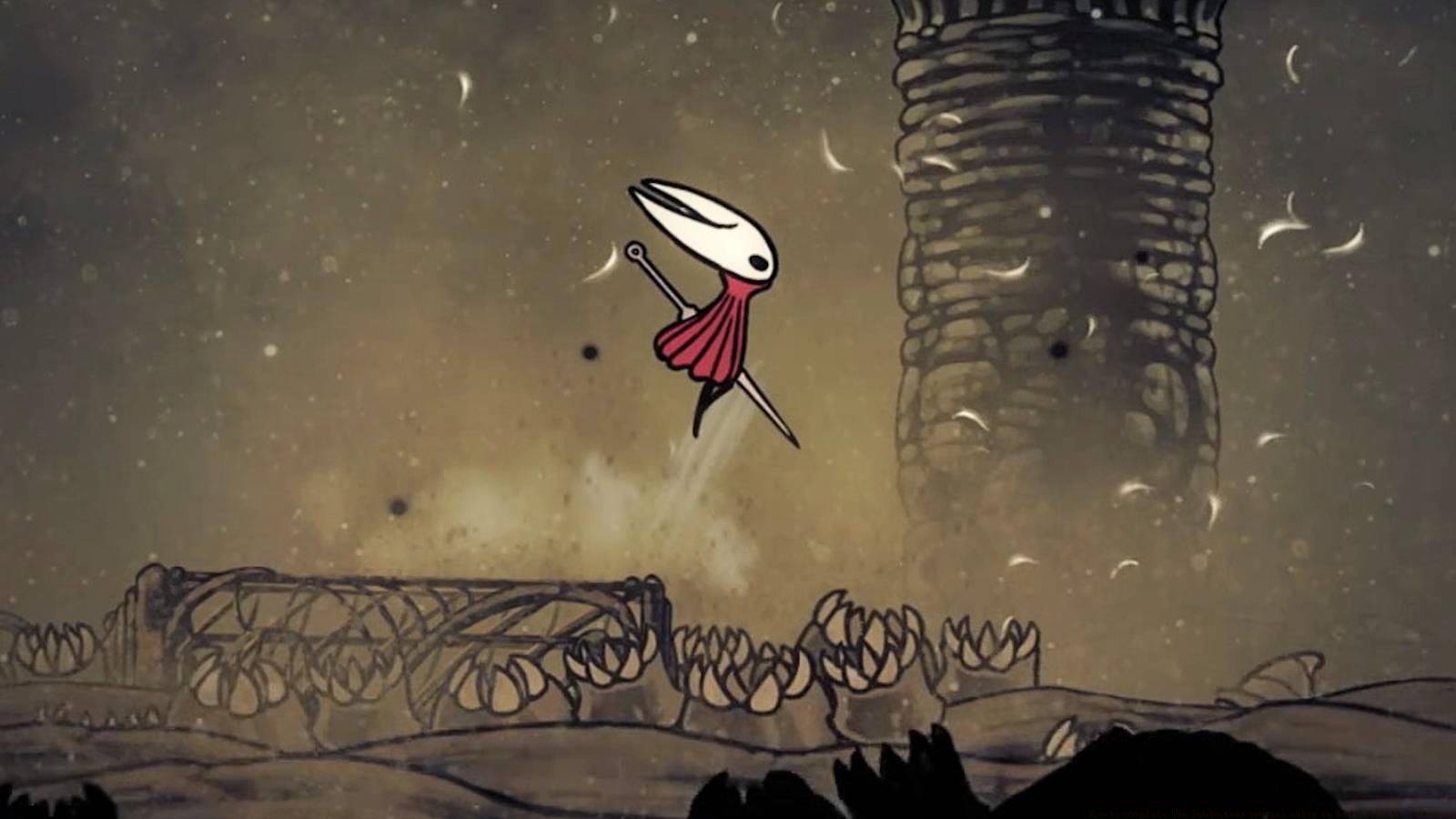 Hornet jumping over a swarm of Sandcarvers in Silksong