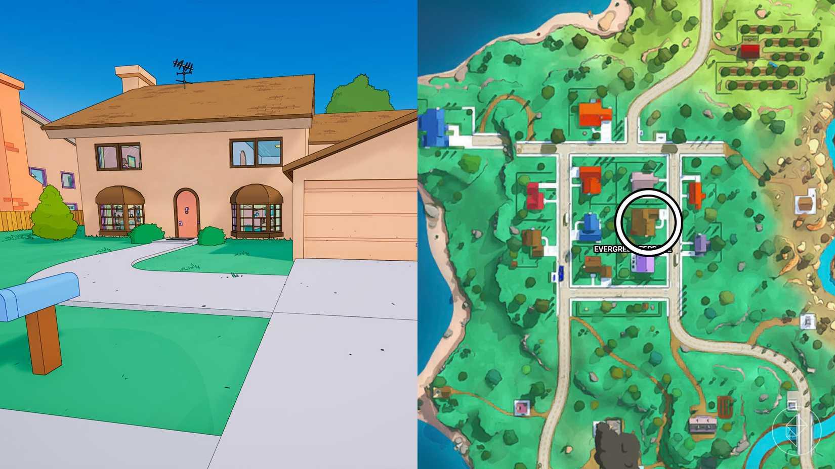 A split image showing the SImpsons' house and where it is located on the Fortnite map.