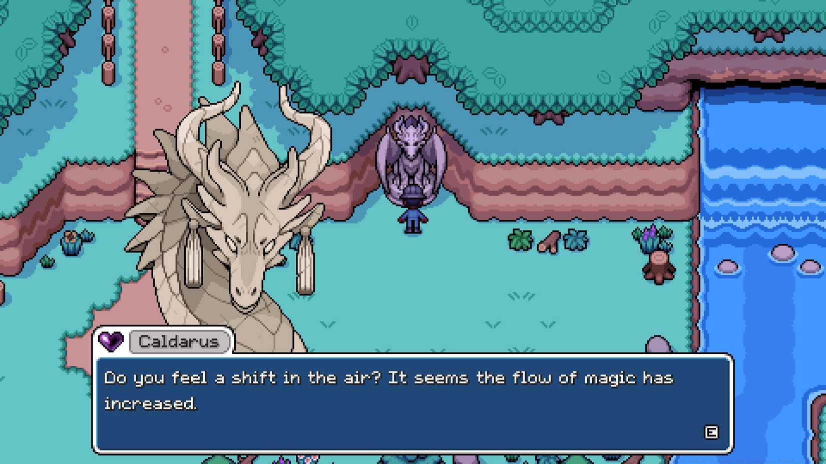 Dragon statue Caldarus speaking to the player character in Fields of Mistria