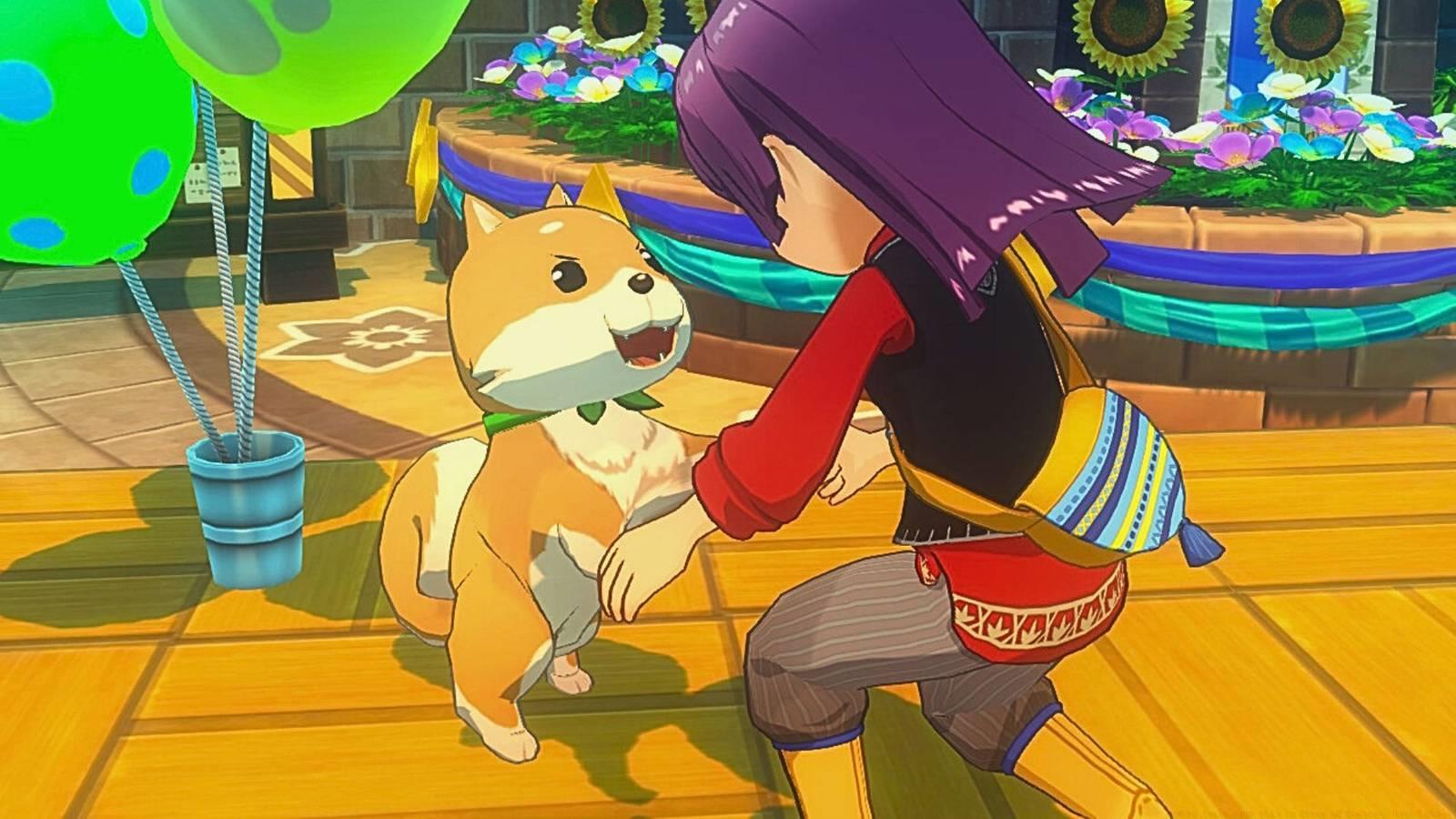 Image from Story of Seasons Grand Bazaar. It shows the protagonist kneeling down, wearing a black and red outfit, and playing with a brown/white shiba.
