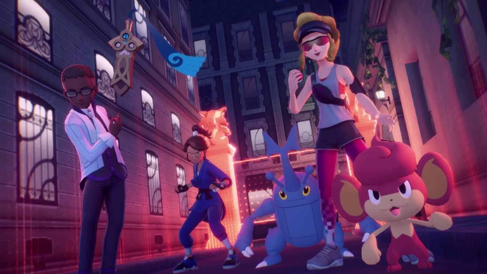 Trainers along with their Pokémon waiting in a battle zone in Pokémon Legends: Z-A.