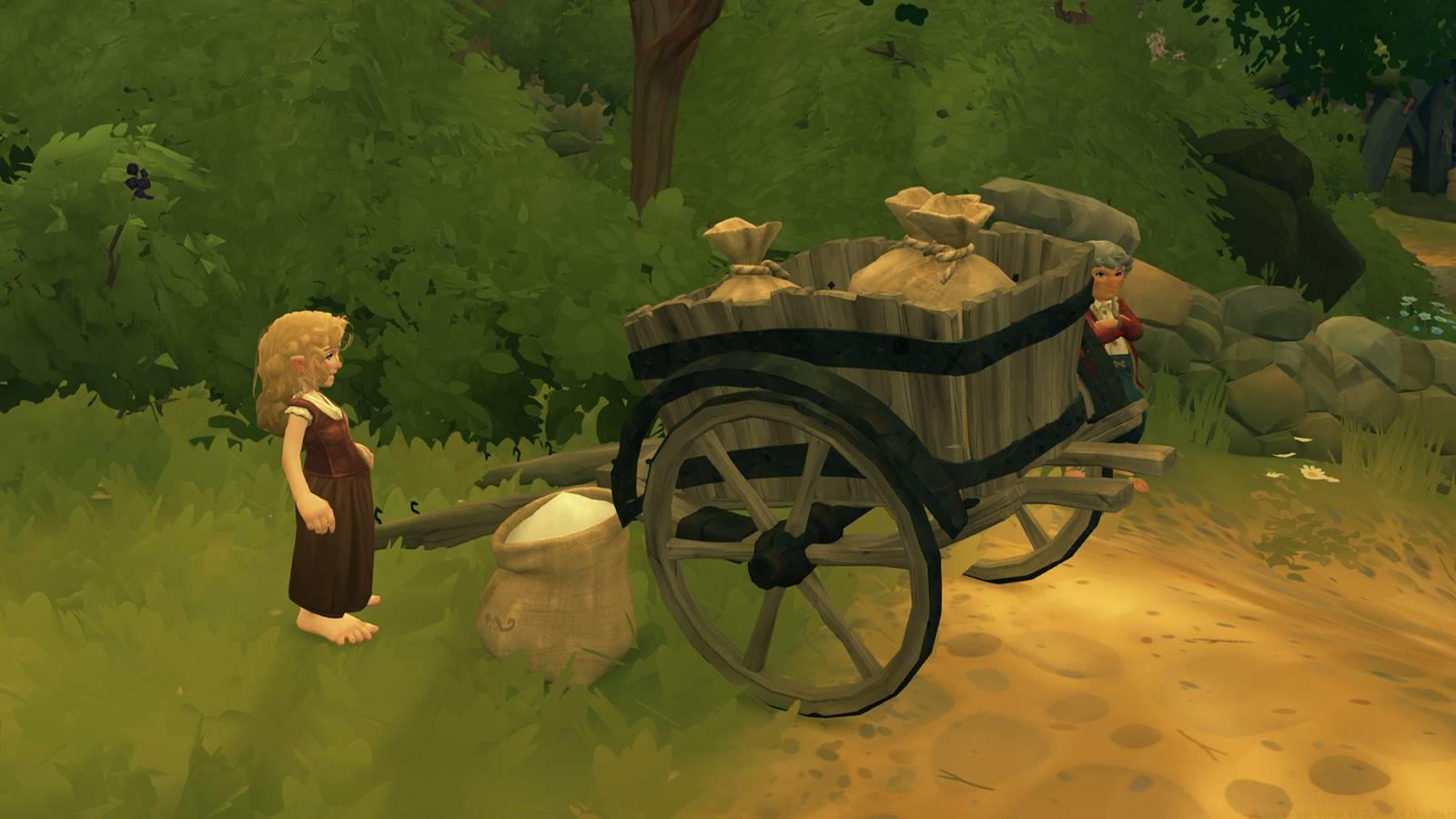 A hobbit standing next to a cart with flour in Tales of the Shire.