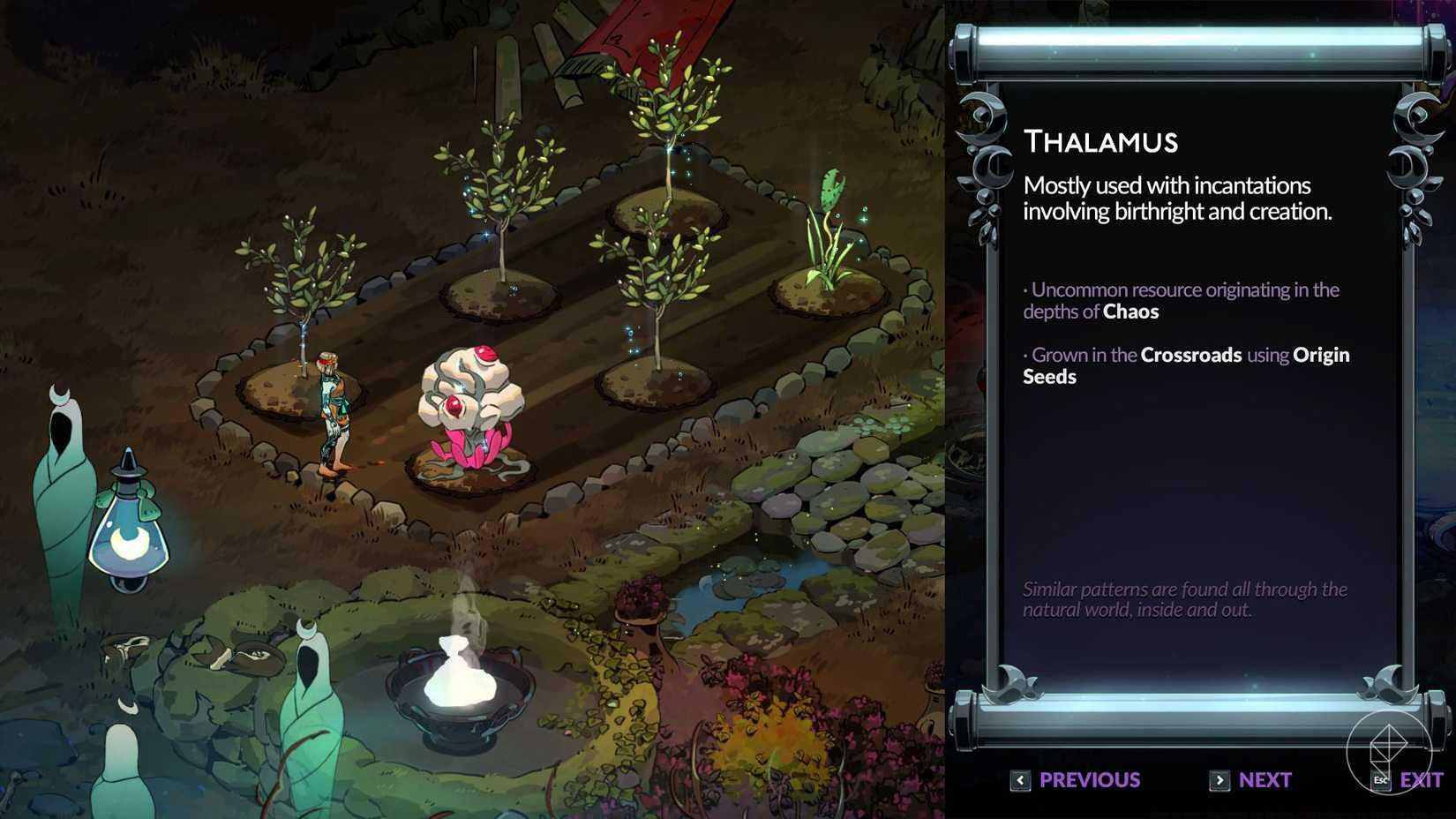 Melinoë standing beside a thalamus plant in Hades 2.