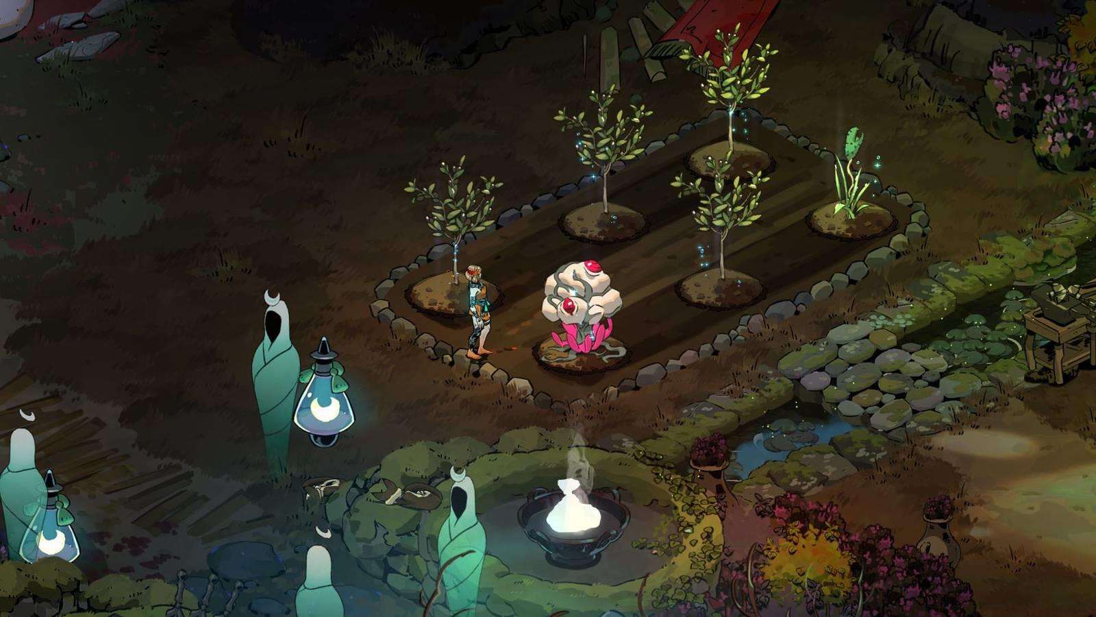 Melinoë standing beside a Thalamus plant in Hades 2.