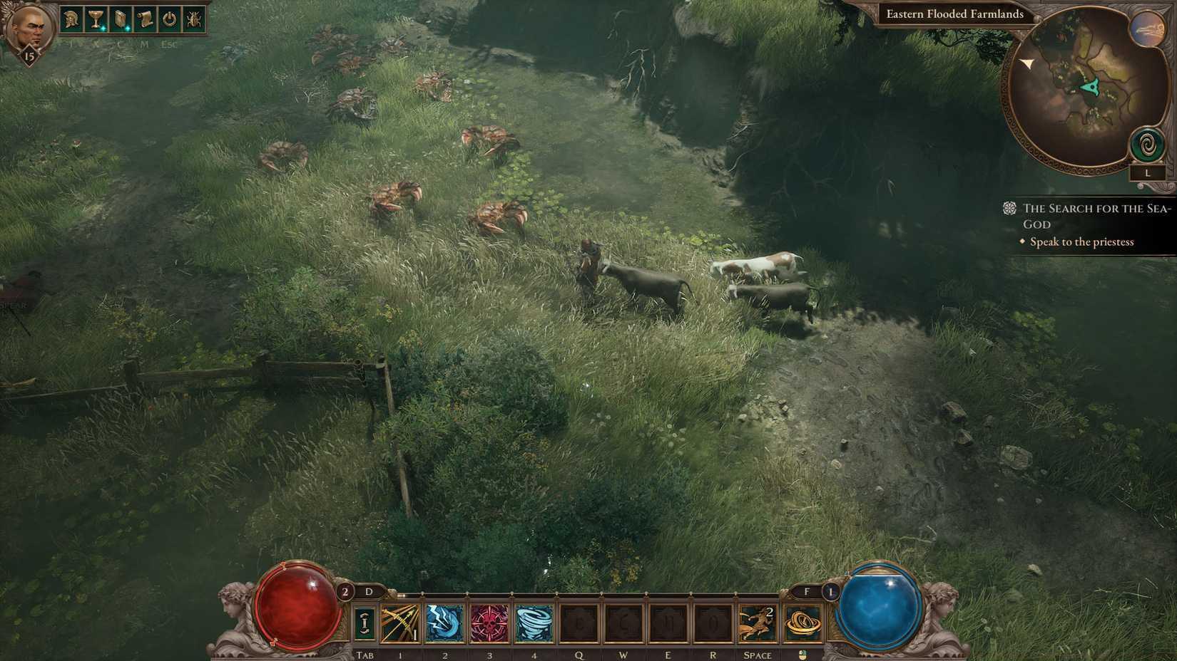 A Titan Quest 2 screenshot showing the character in a swamp-like area with three cows behind them and a group of crab enemies in front of them.