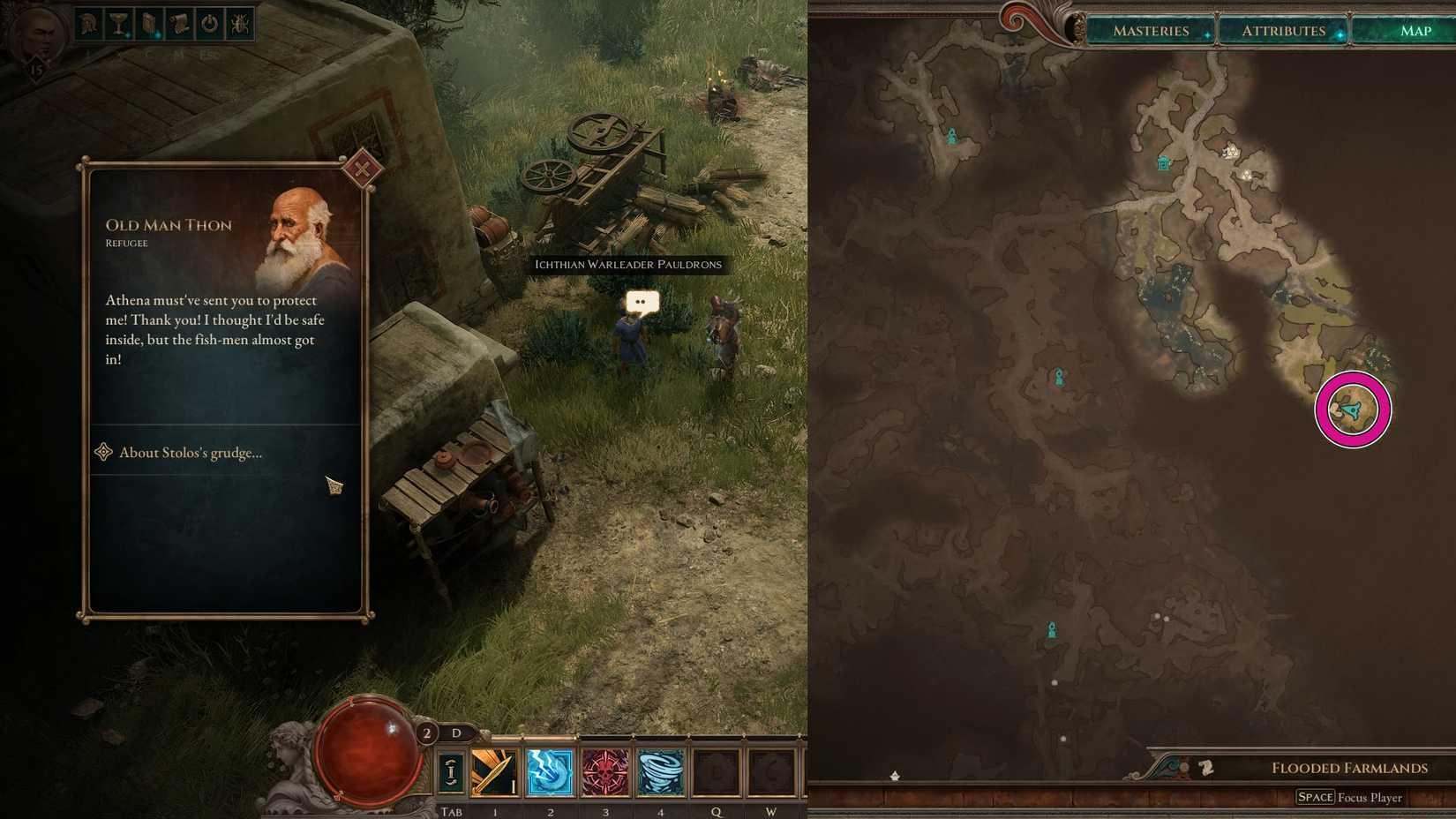 A montage of two Titan Quest 2 screenshots. On the left side, there's a window showing a character portrait and a dialogue option. On the right side, there's a map showing where players must go to find the Old Man Thon