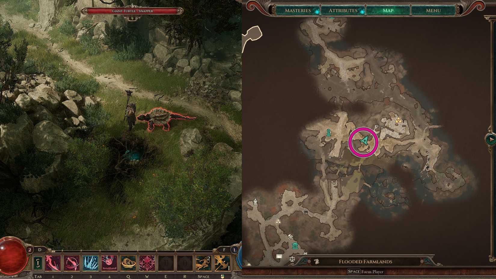 A montage of two Titan Quest II screenshots. On the left side, it shows the character next to a giant turtle and on the right side the location on the map.