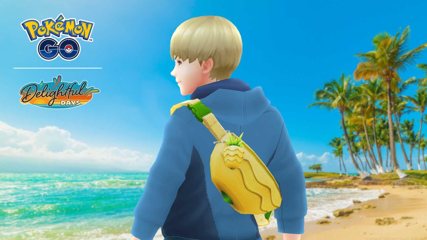 A Pokémon Go character wears a sling bag that looks like a Pinap Berry