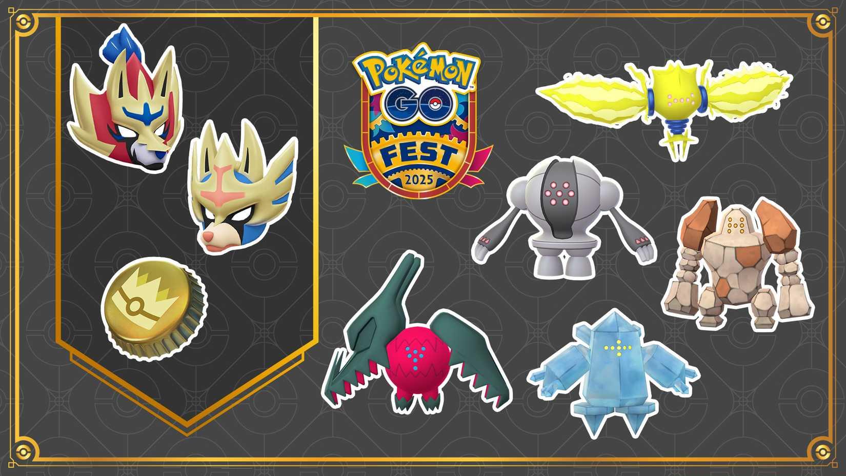 All five basic Regis from Pokémon, next to masks of Zacian and Zamazenta, as well as a Gold Bottle Cap.