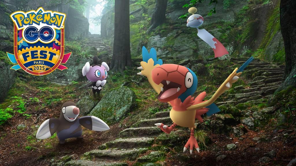 Archen, Drilbur, Gothita, and Chimecho in a forest in Pokémon Go.