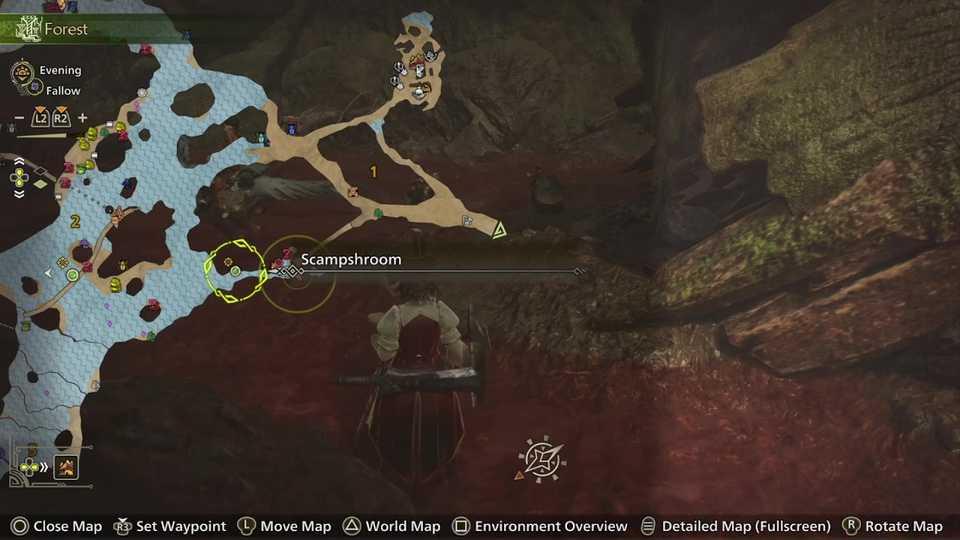 An image showing the map location for Scampshroom in Monster Hunter Wilds. It is in the eastern side of the Scarlet Forest.