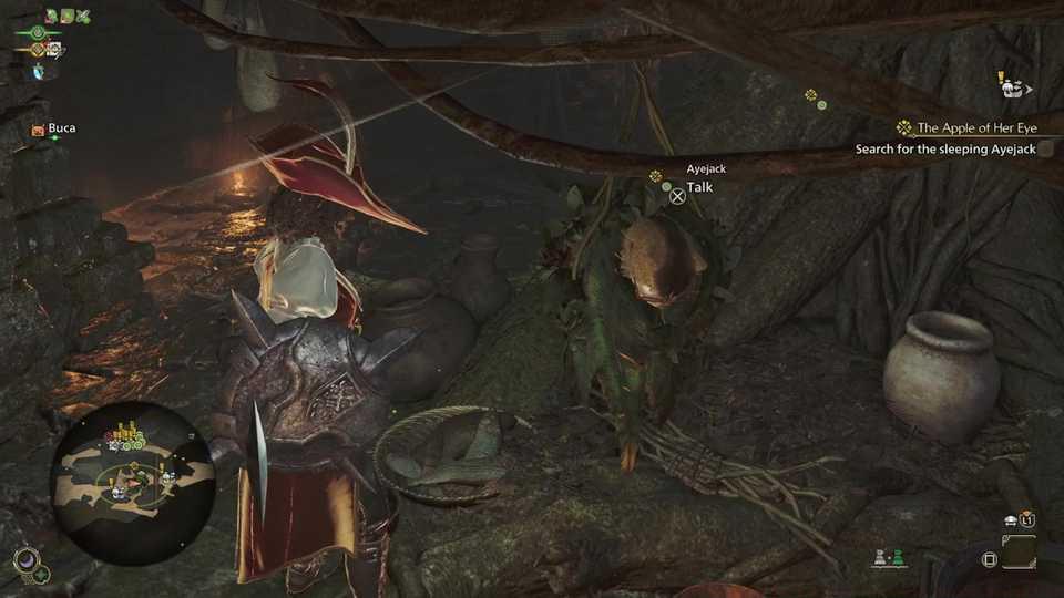 An image of showing Ayejack’s sleeping location in Monster Hunter Wilds. It’s hanging from the ceiling.