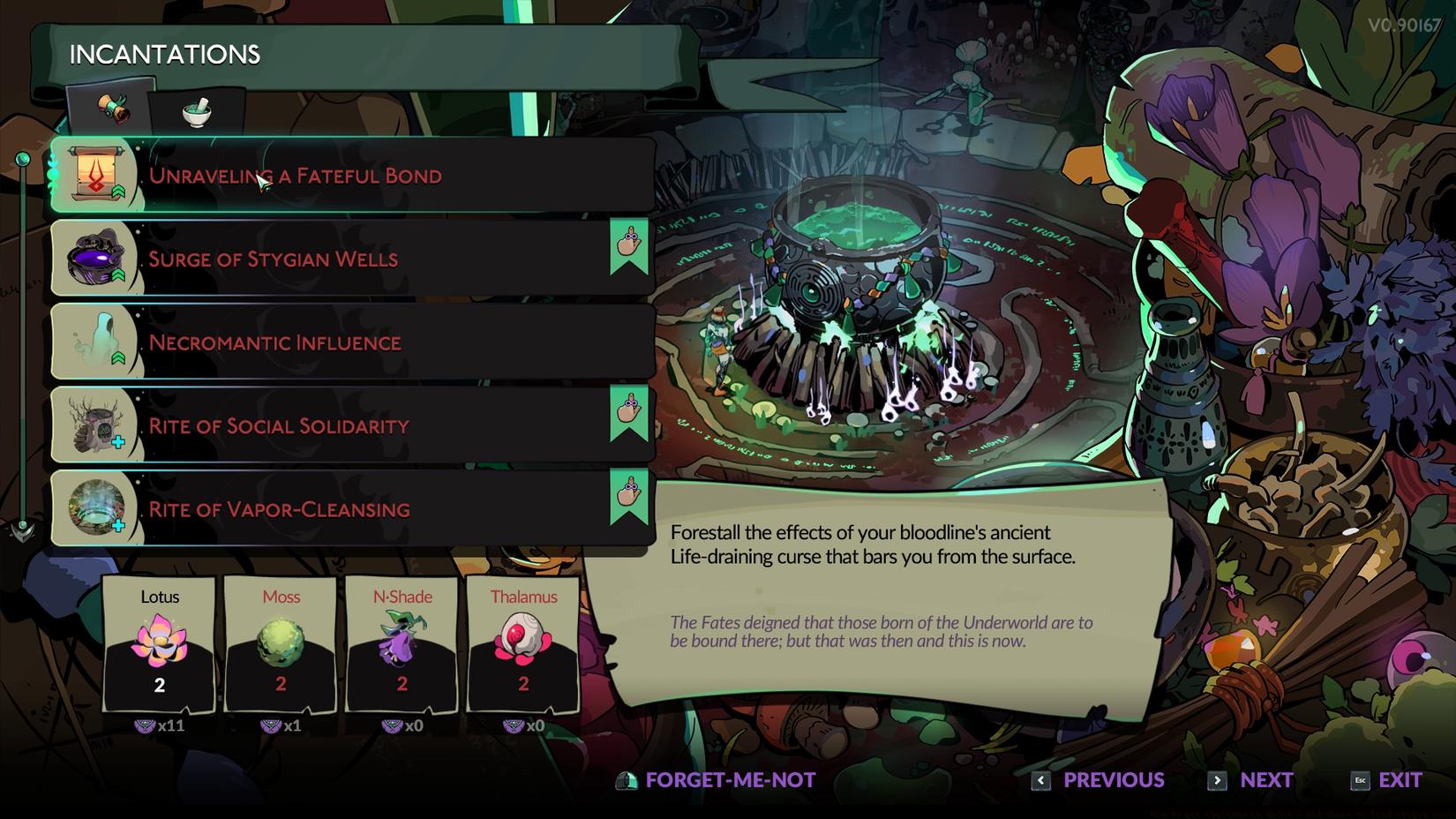 The incantation menu in Hades 2 showing the Unraveling a Fateful Bond spell