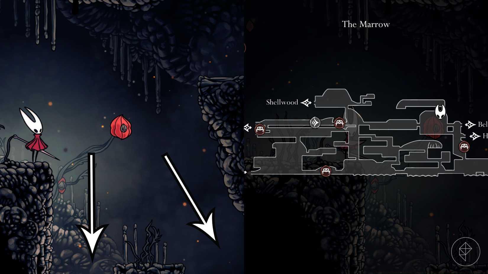 Two arrows leading towards a Volatile Filntbeetle in Hollow Knight: Silksong.