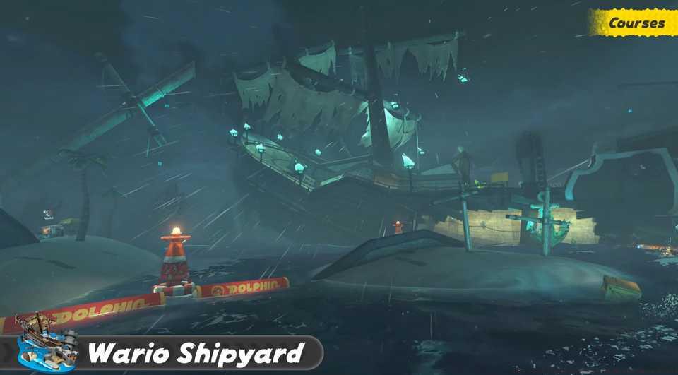An image of Wario Shipyard in Mario Kart World. There is a ghost ship under a stormy sky.