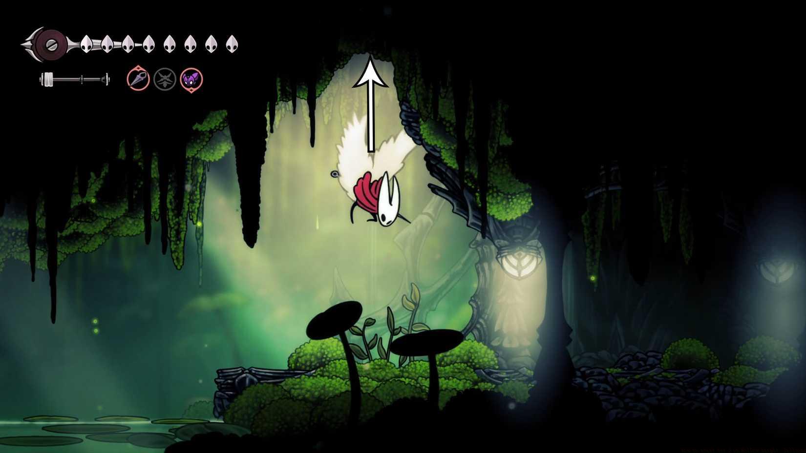 Hornet jumping into a secret hole in the ceiling in Weavenest Alta in Silksong.