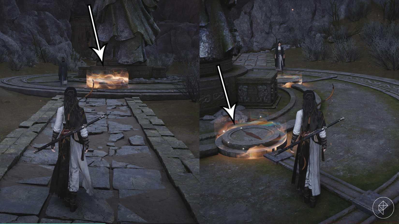 Arrows point to the first part of the lake puzzle solution in Where Winds Meet.