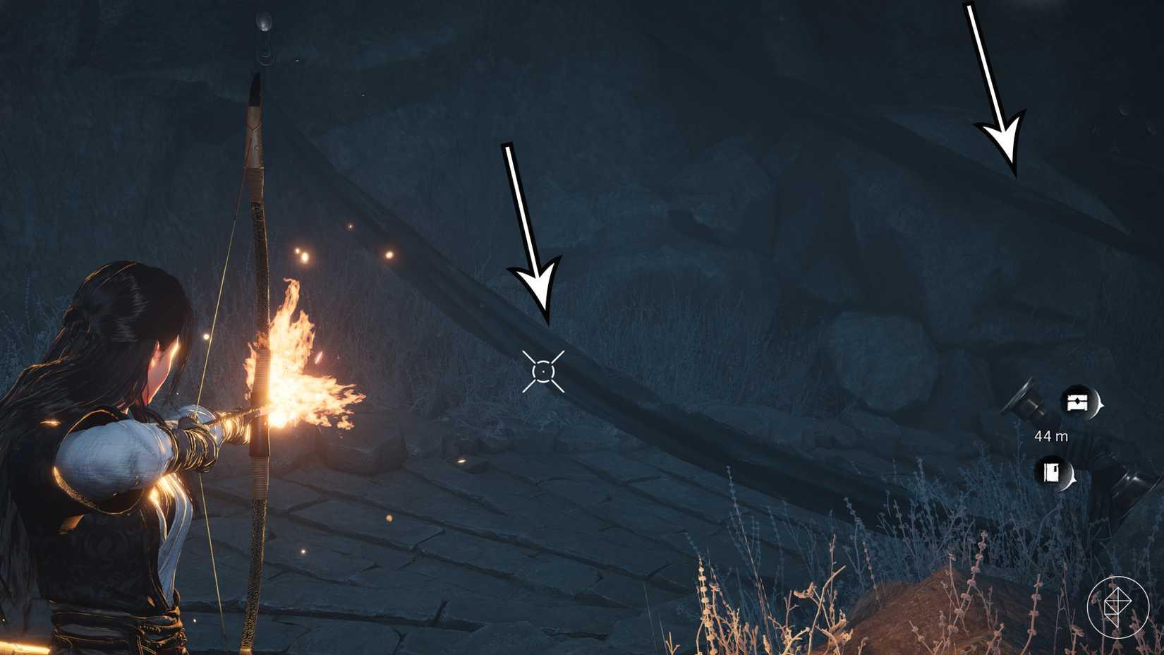 A player shoots a burning shawl trap during the 'Blind to the World' quest in Where Winds Meet.