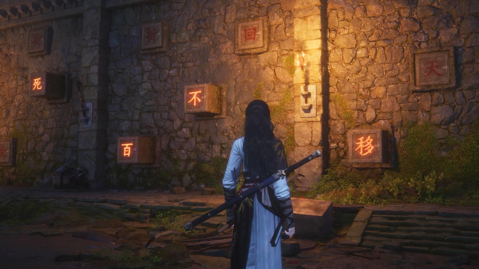 A player looks at the wall puzzle during Where Winds Meet's 'Echoes of Old Battles' quest.