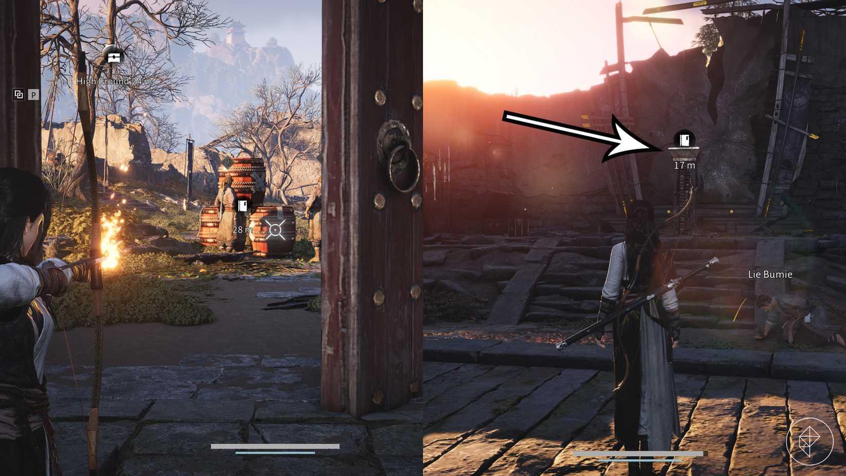 A player shoots a red barrel and lights a fire in Where Winds Meet's 'Echoes of Old Battles' quest.