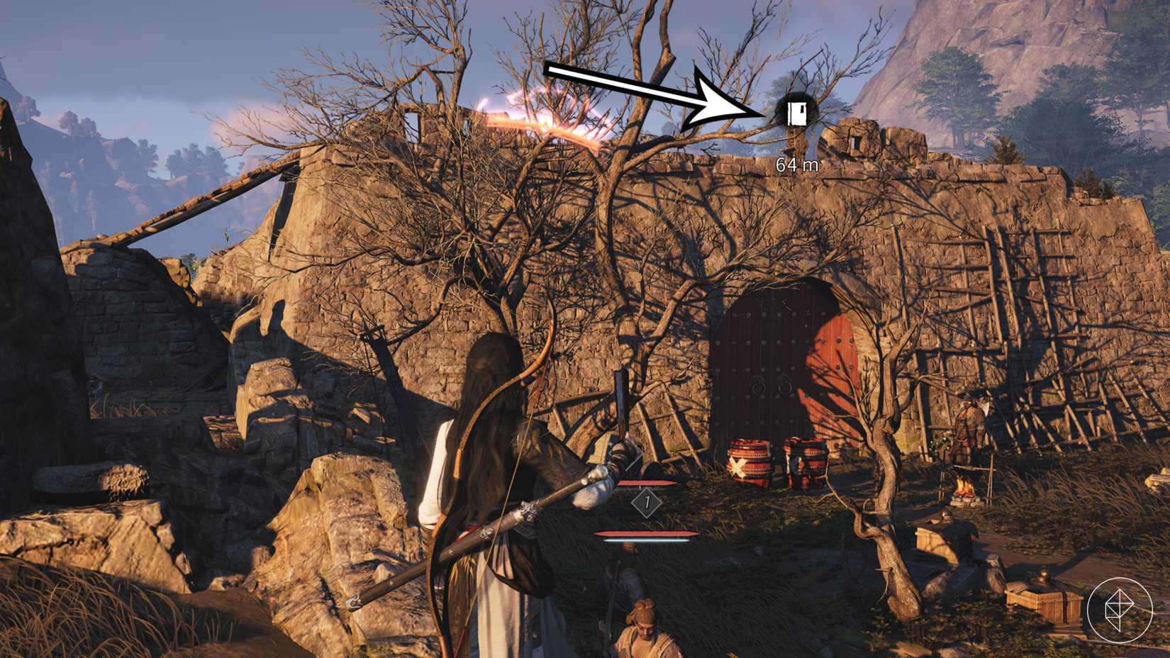 A player looks at a pillar where a fire must be lit during Where Winds Meet's 'Echoes of Old Battles' quest.