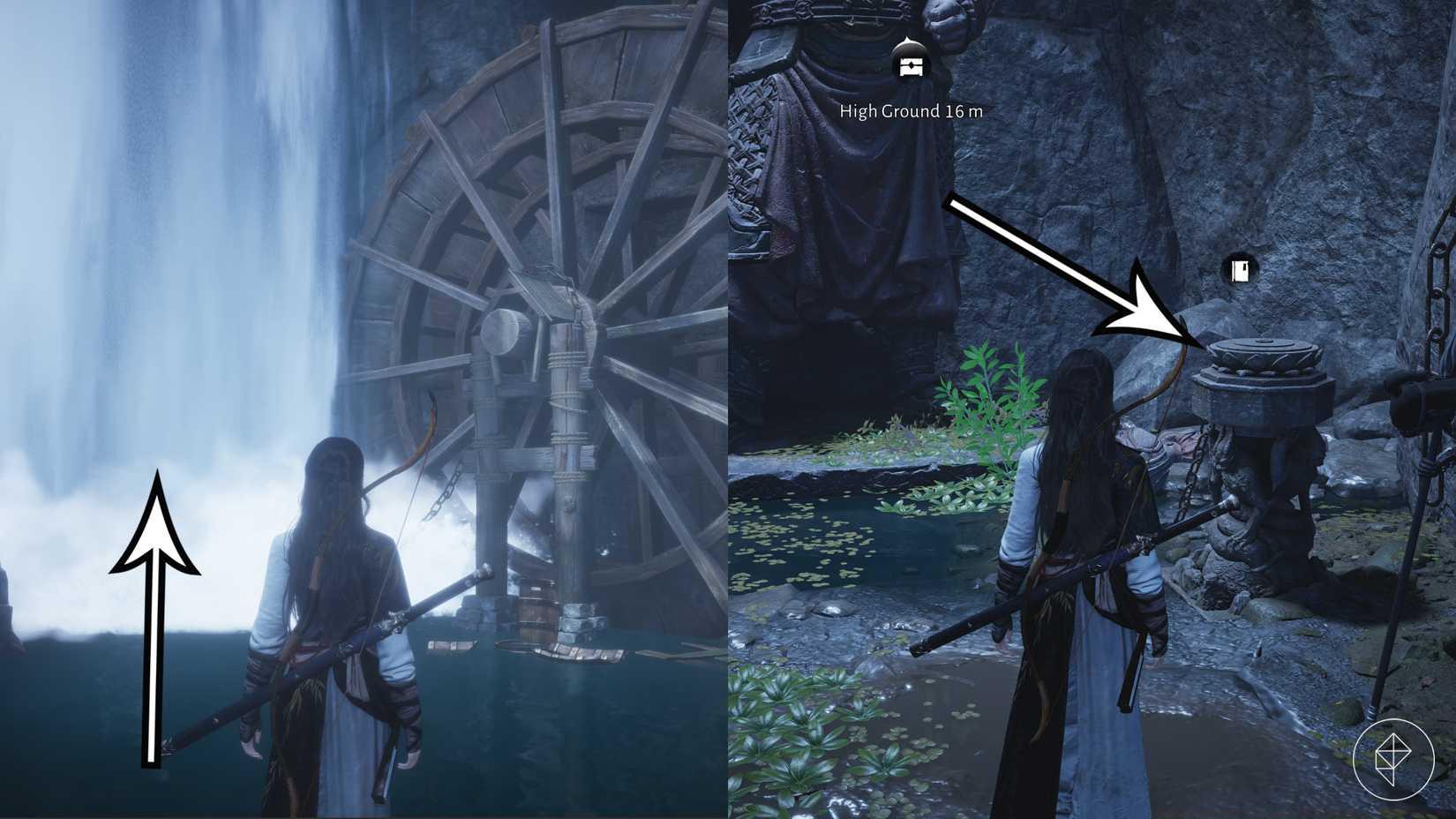 A player unclogs the water wheel during Where Winds Meet's 'Echoes of Old Battles' quest.