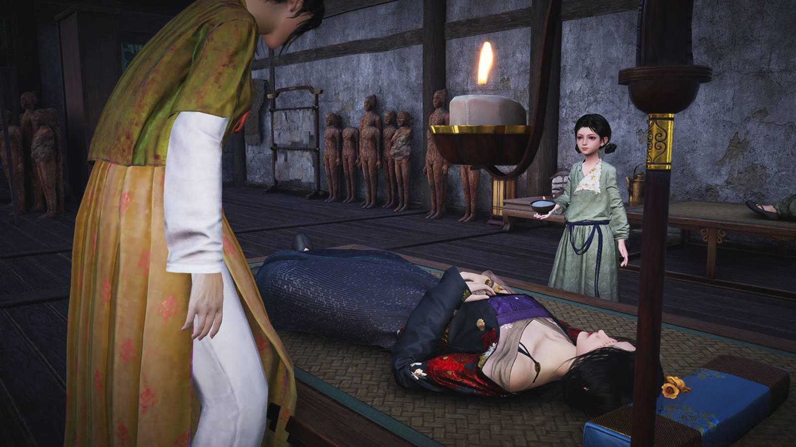 A Where Winds Meet screenshot showing a character receiving medical treatment