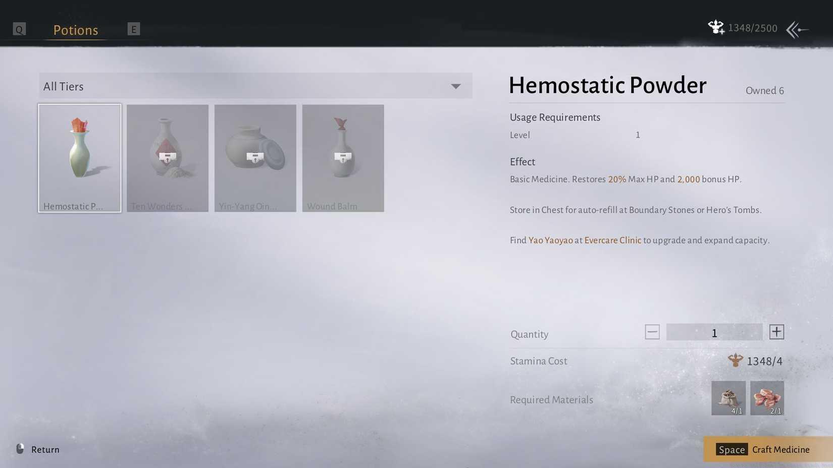 A Where Winds Meet screenshot showing the crafting meny ahd the Hemostatic Powder healing pot description
