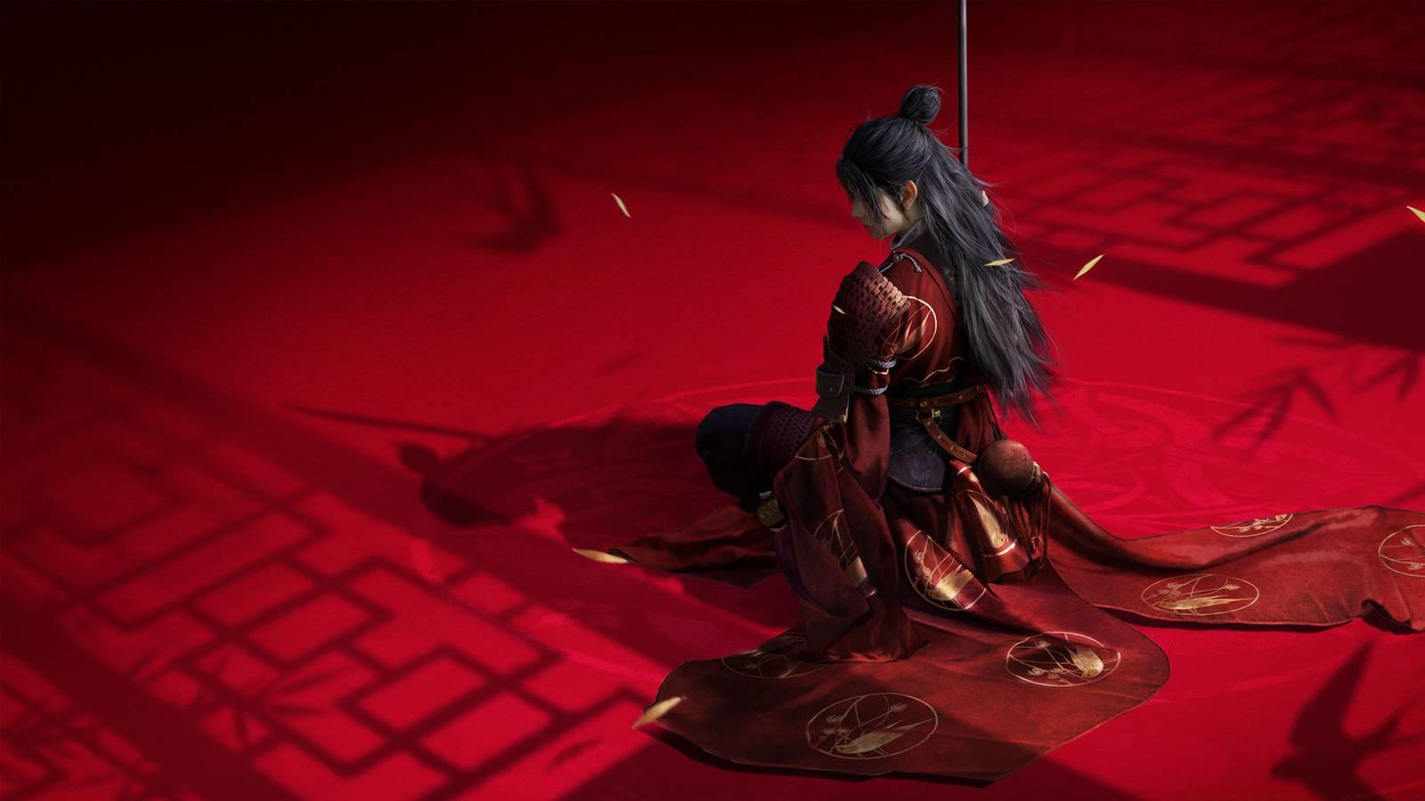 An official Where Winds meet wallpaper showing a character with long black hair sitting on the ground