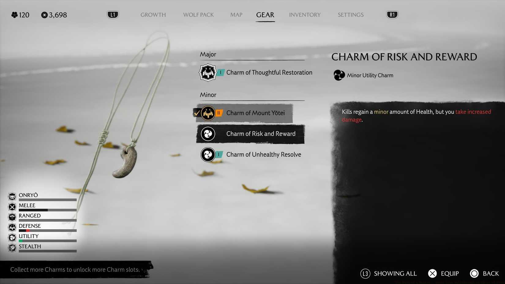 A Ghost of Yotei screenshot showing the details of the Charm of Risk and Reward